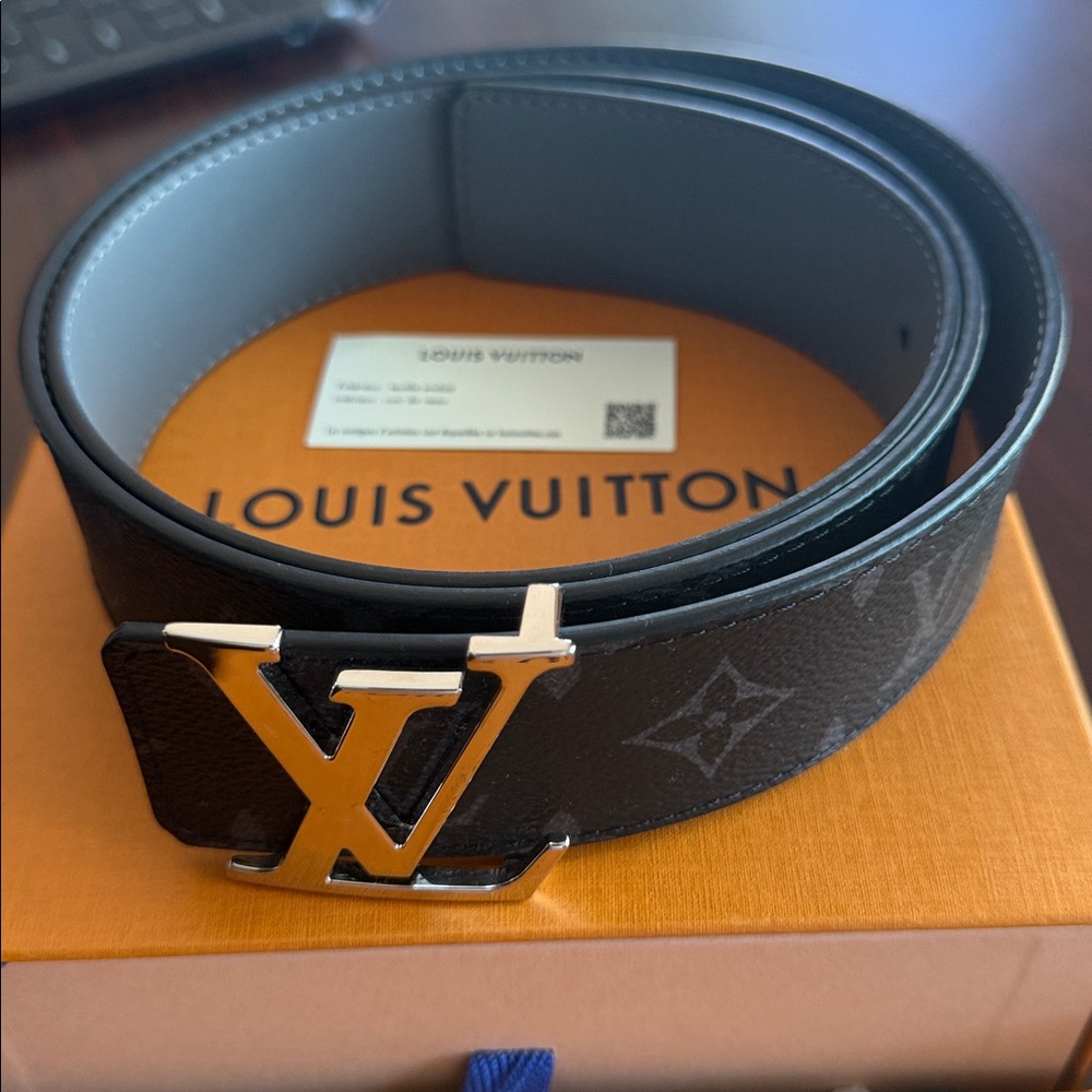 Louis Vuitton Black and Gray Monogram Belt with Gold Buckle
